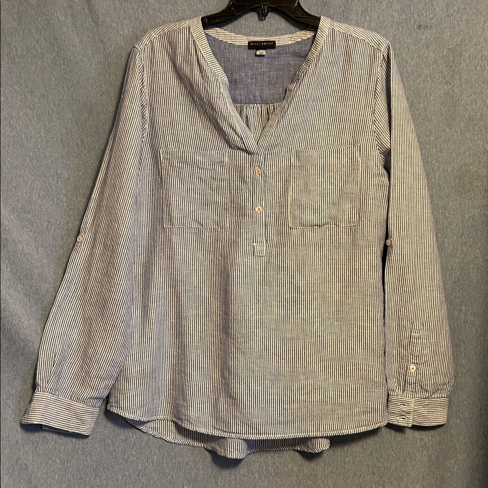 Willi Smith Blue and White Striped Casual Button Shirt size large very GUC